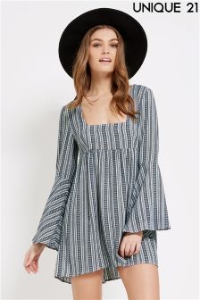 Unique 21 Jagger Mini Feather Print Flared Sleeve 70's Dress